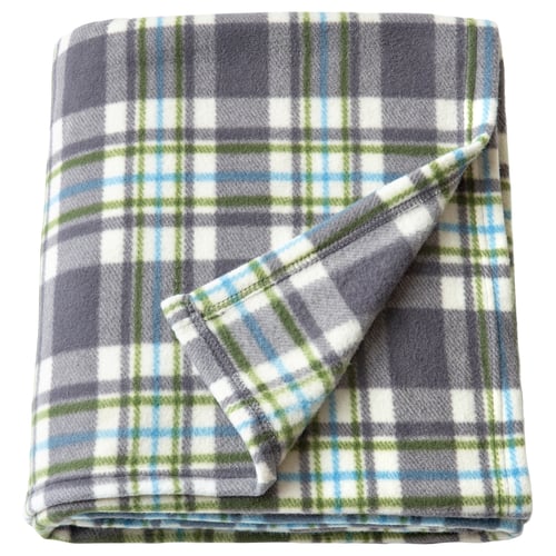 ODENSLÄTA plaid throw blanket - grey, green, white chequered pattern - 100% recycled polyester.