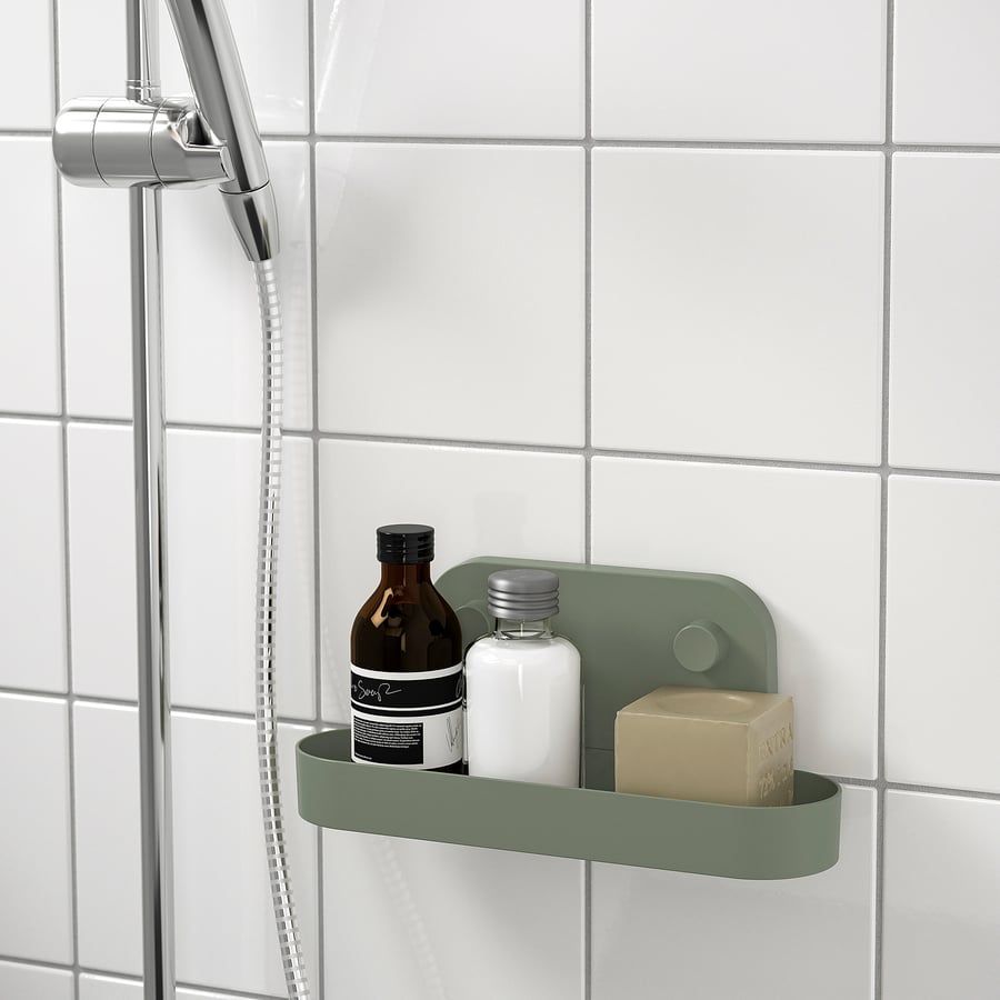 ÖBONÄS wall shelf with suction cup, greygreen, 28 cm (11") IKEA