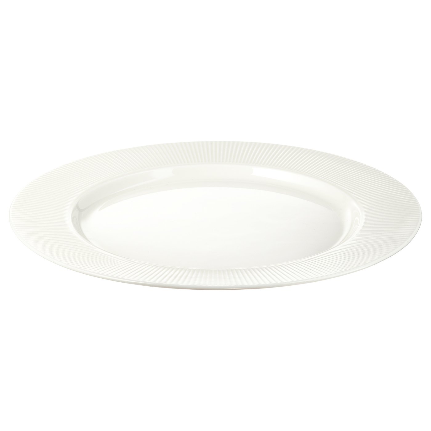 Flat white dinner plate, elegant ribbed edge design, simple and durable porcelain.