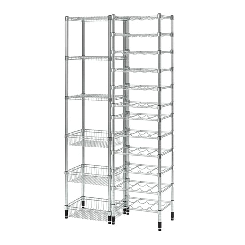 OMAR metal wine rack; silver; adjustable shelves; stand steady on uneven floors.