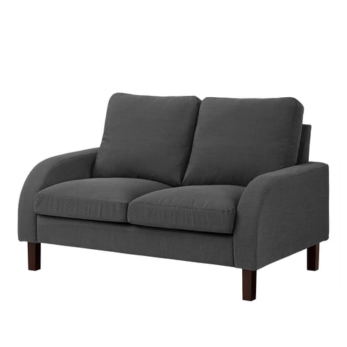 A grey ORMARYD loveseat with plush cushions and wooden legs.