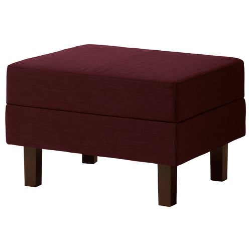 Red ORMARYD footstool. Square shape, thick cushion, wooden legs, dark red fabric.
