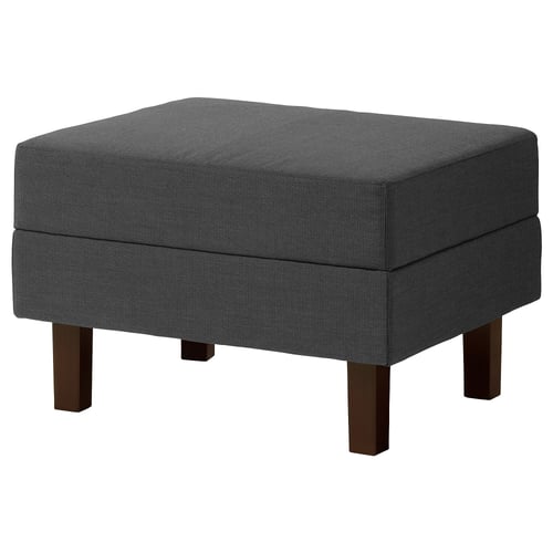 Grey upholstered footstool, rectangular shape, wooden legs, polyester fabric.