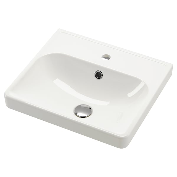 White ceramic washbasin, ORRSJÖN, sleek modern design, semi-recessed, minimalist shape, chrome drain.