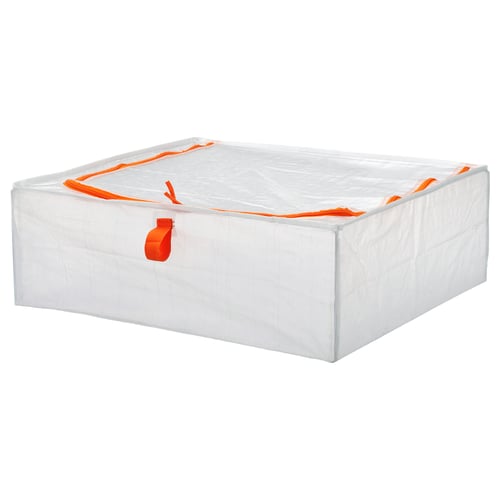 PÄRKLA storage box, white with orange edges, rectangular, made of polyester and polypropylene, folds flat, sturdy design.