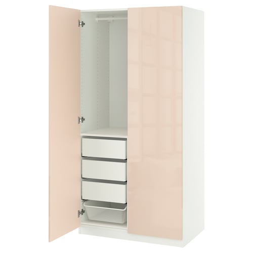 Ikea PAX light beige wardrobe, tall, two doors, four drawers, mesh basket, plain design.