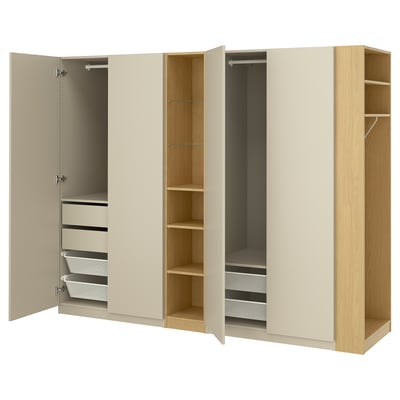 PAX / FORSAND Wardrobe combination, grey-beige grey-beige/oak effect, 255x60x236 cm