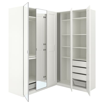 PAX / GRIMO/ÅHEIM Corner wardrobe, white/white mirror glass, 210/160x236 cm