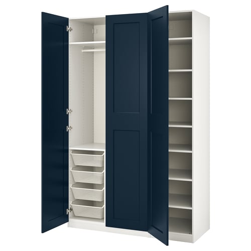 Blue and white PAX wardrobe open, showing storage shelves and drawers.