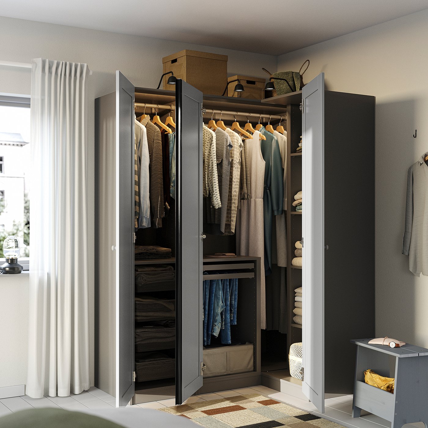 PAX / GULLABERG corner wardrobe, dark grey/grey, 161/111x201 cm