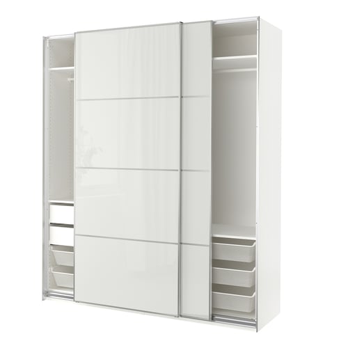 Modern white sliding door wardrobe, sleek design with mesh baskets and adjustable feet.