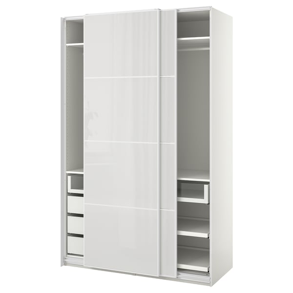 PAX / HOKKSUND Wardrobe combination, white/high-gloss light grey, 150x66x236 cm