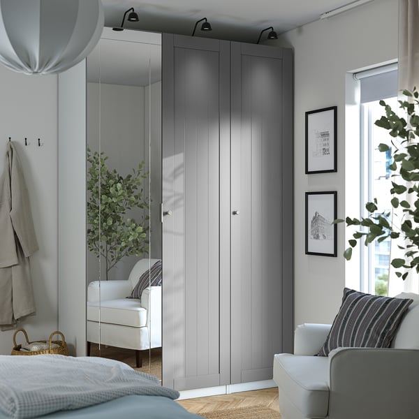 PAX / KAMMARTORP/GULLABERG Wardrobe combination, white/mirror glass grey, 150x60x236 cm
