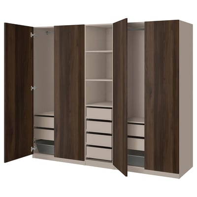 PAX / STORKLINTA Wardrobe combination, grey-beige/dark brown stained oak effect, 250x58x201 cm