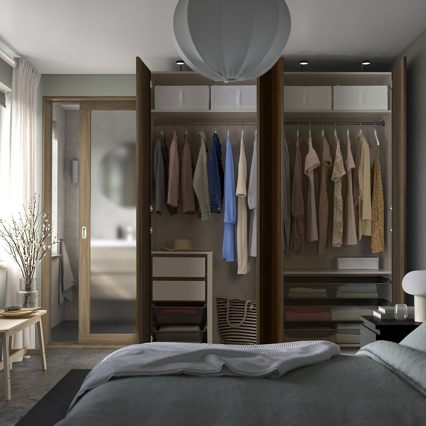PAX / STORKLINTA wardrobe combination, grey-beige/dark brown