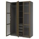 An open PAX wardrobe in dark grey with wooden accents. It shelves, drawers, and hanging space.