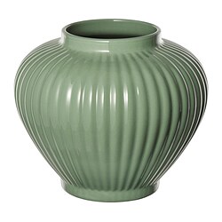 PELARBJÖRK vase: green, glossy stoneware with rounded, grooved shape.