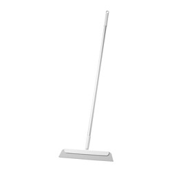 White PEPPRIG floor squeegee with aluminium handle, designed for gentle cleaning and space-saving storage.