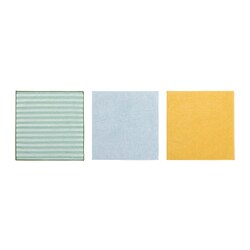 Three square microfiber cleaning cloths in green, blue, and yellow. Each has a uniform colour and textured surface, perfect for cleaning.