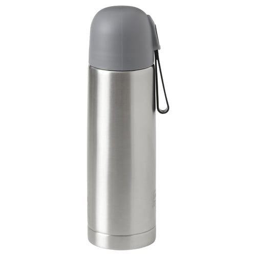 A silver PINCETTFISK vacuum flask with a grey cap and carrying loop, made of stainless steel, designed for durability and temperature retention.