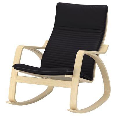 POÄNG rocking chair, natural wood, black cushion, curved design, comfortable.