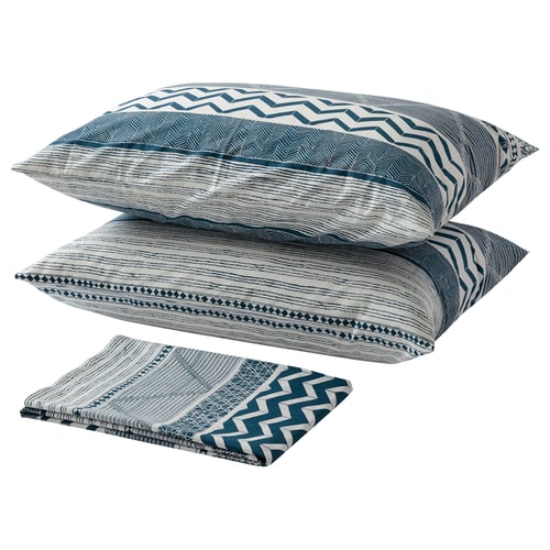 A set of blue and white patterned bed linens, including pillows and fitted sheets, all made of cotton.