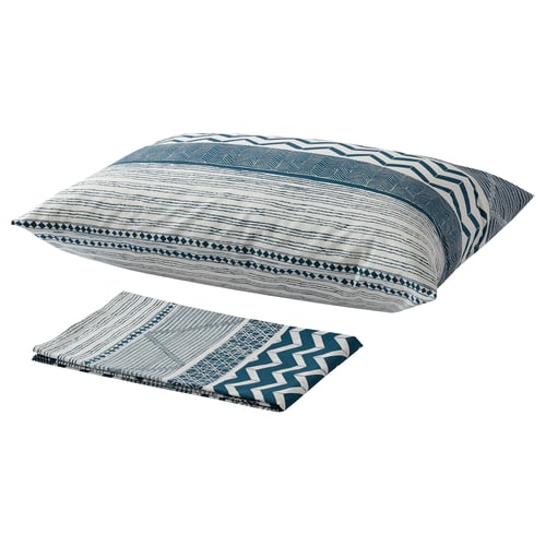A blue and white patterned PROVINSROS cotton bed sheet set, including a pillowcase with matching designs.