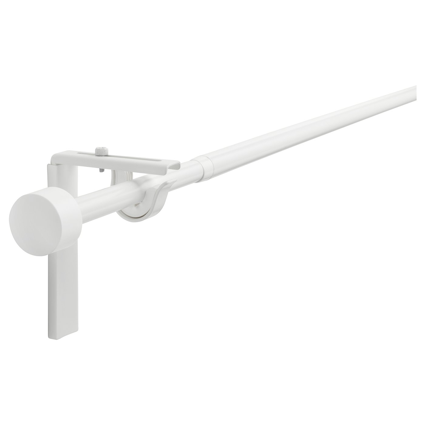 White RÄCKA curtain rod holder, adjustable length and angle. Steel and plastic construction, ideal for window decor.