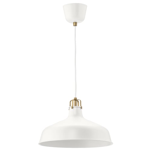 RANARP white pendant lamp, sleek metal design, large round shade, suspends from ceiling, minimalist style.