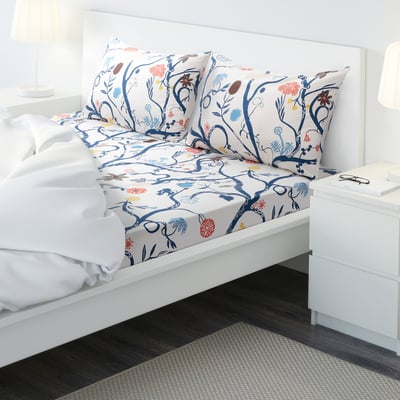 REVFINGERÖRT Flat sheet and 2 pillowcase, white/multicolour, 240x260/50x80 cm