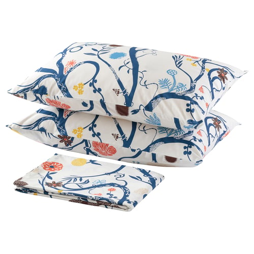 Floral bedding set with blue branches, bright colours. Includes flat sheet and 2 pillowcases. Cotton/lyocell.