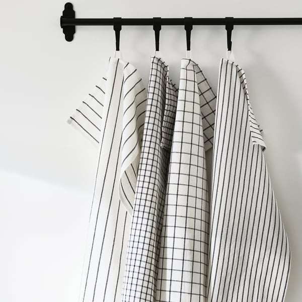 RINNIG Tea towel, white/dark grey/patterned, 45x60 cm