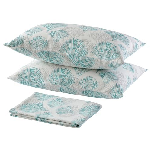 Three RÖDFIBBLA items: two square pillows and one folded sheet, light blue-white, pinecone pattern. Cotton material, machine washable.