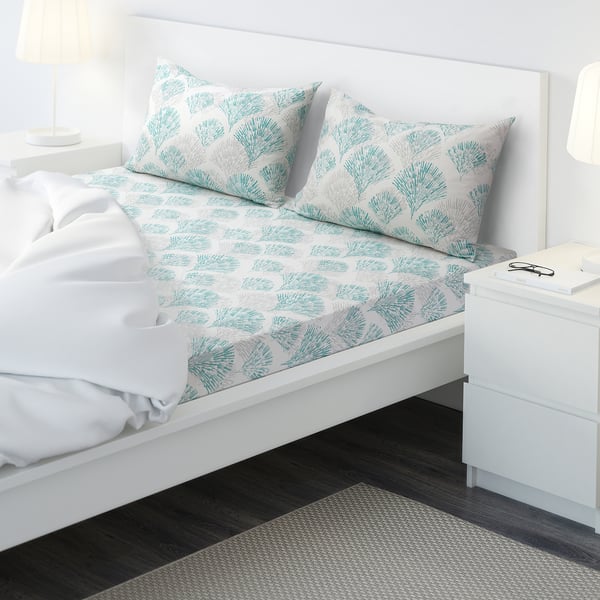 RÖDFIBBLA Flat sheet and 2 pillowcase, white/green, 240x260x50x80 cm