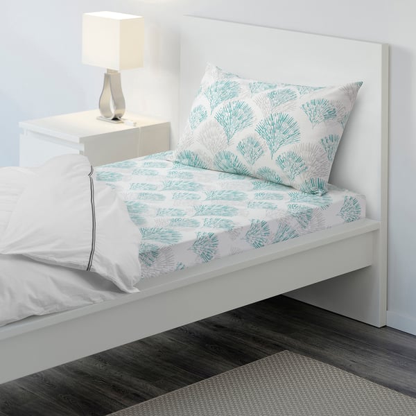 RÖDFIBBLA Flat sheet and pillowcase, white/green, 150x260/50x80 cm