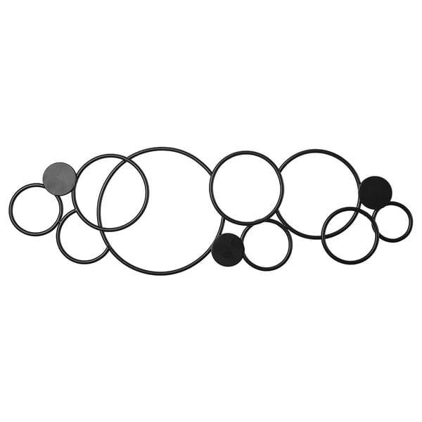 Modern wall art, RÖDSISKA. Black metal circles and spheres. Abstract, distinctive design.