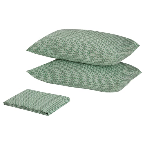 Green wave-patterned pillows and folded cushion in polyester-cotton blend.