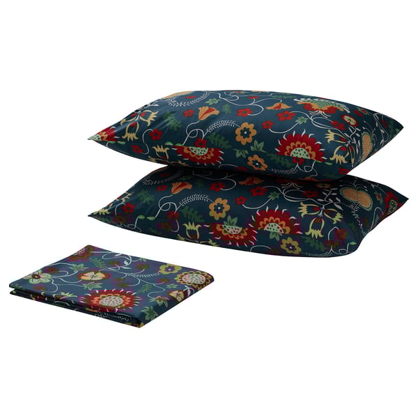 ROSENRIPS Flat sheet and 2 pillowcase, blue/patterned, 240x260/50x80 cm