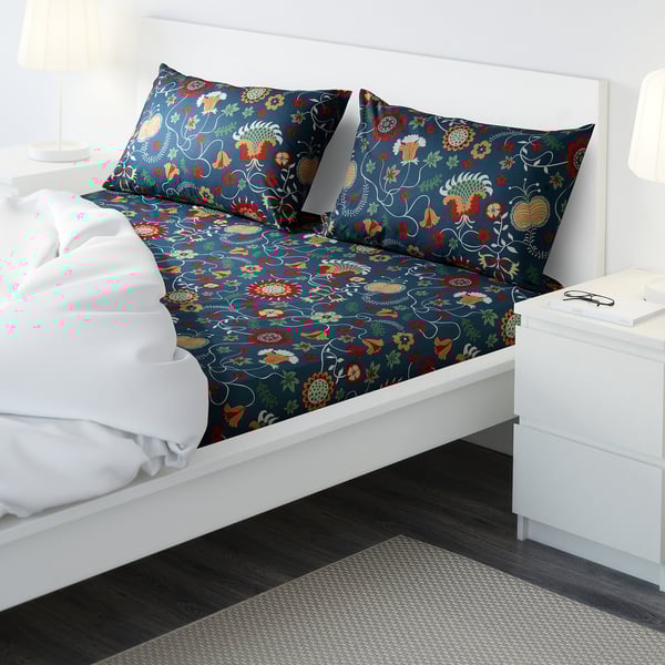 ROSENRIPS Flat sheet and 2 pillowcase, blue/patterned, 240x260/50x80 cm
