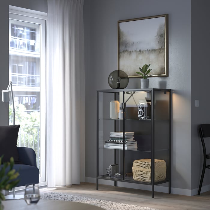 RUDSTA / VAXMYRA Glassdoor with lighting, anthracite