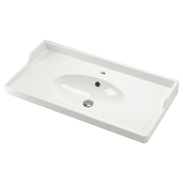 RUTSJÖN white sink, ceramic, oval bowl, raised backsplash, minimalist design.