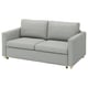 Grey 2-seat sofa-bed with light wooden legs, simple modern design, plush cushions.