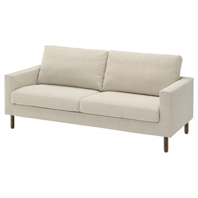 Modern beige sofa with clean lines, wooden legs, and removable cushions.