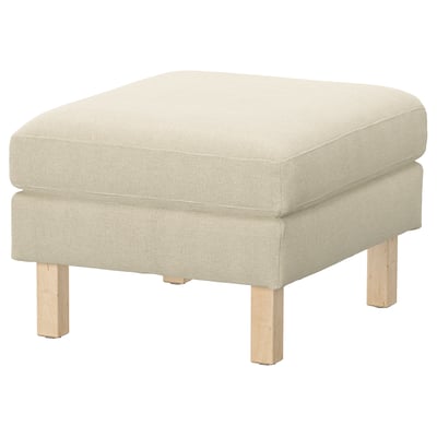 White padded footstool with light wood legs; square shape.