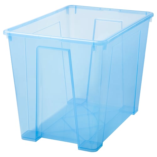 A bright blue, square-shaped SAMLA storage bin made of polypropylene plastic. Its transparent, allowing easy visibility of its contents.
