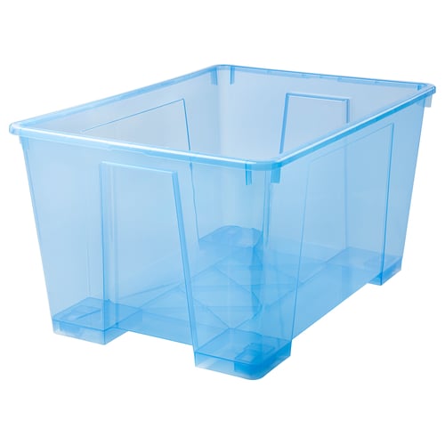 A blue SAMLA storage bin, rectangular and transparent, made of plastic, with handles and wheels for easy movement.
