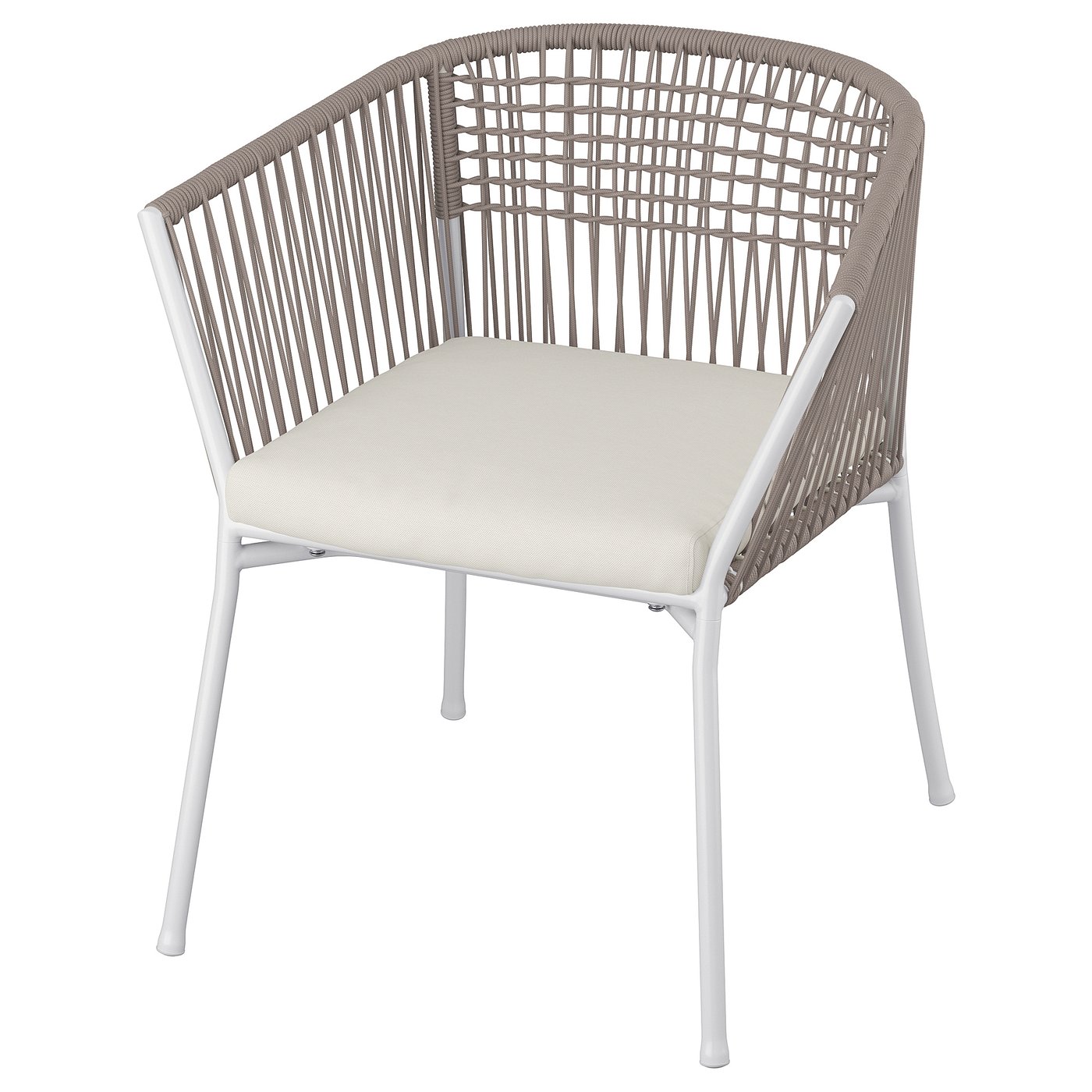 Modern outdoor chair, SEGERÖN, light grey, wicker & steel, curved design, comfortable cushion.