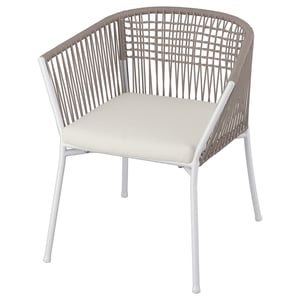 Modern outdoor chair, SEGERÖN, light grey, wicker & steel, curved design, comfortable cushion.