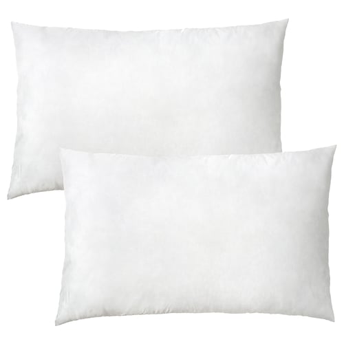 Two white, rectangular pillows with smooth, plump surfaces and simple designs, made of recycled polyester.