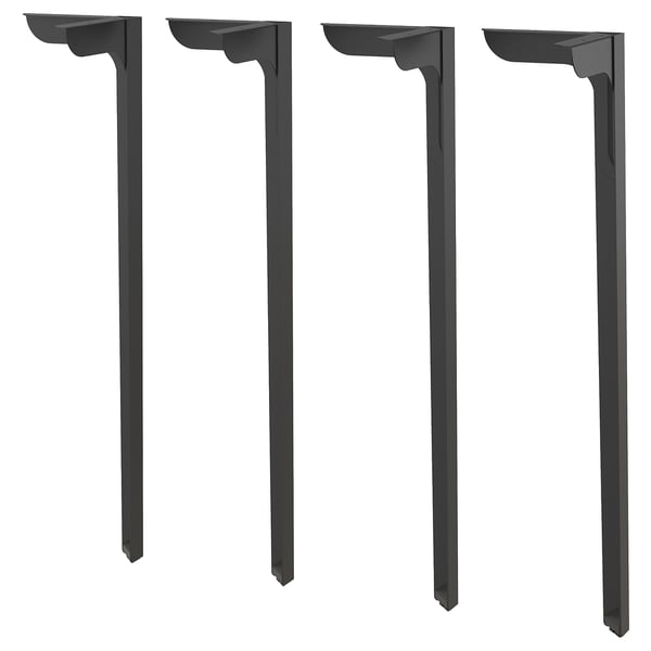 Four black SKÅLSTA table legs in l-shape, made of steel with powder coating, displayed side by side.
